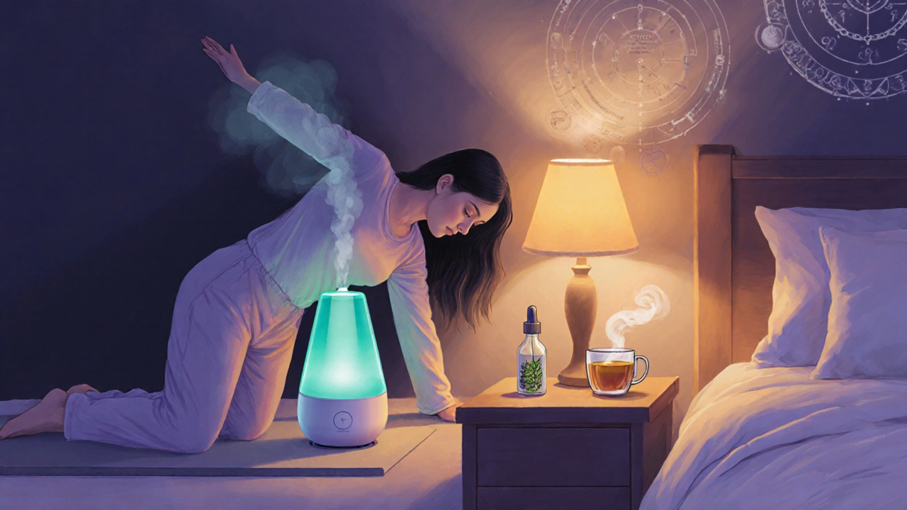 Woman practicing yoga at night, vaporizer, tincture, tea, soft lamp light, calming self‑care scene.