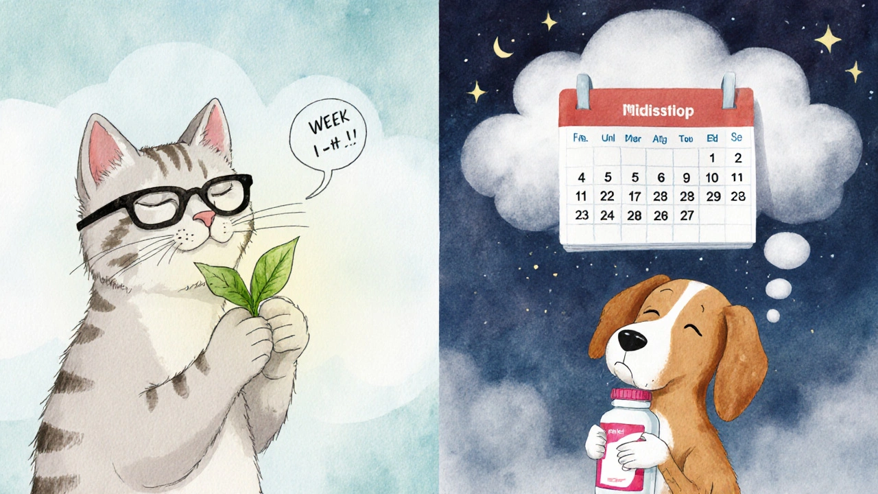 A calm cat with green tea next to a drowsy dog with a foggy cloud, showing two different approaches.