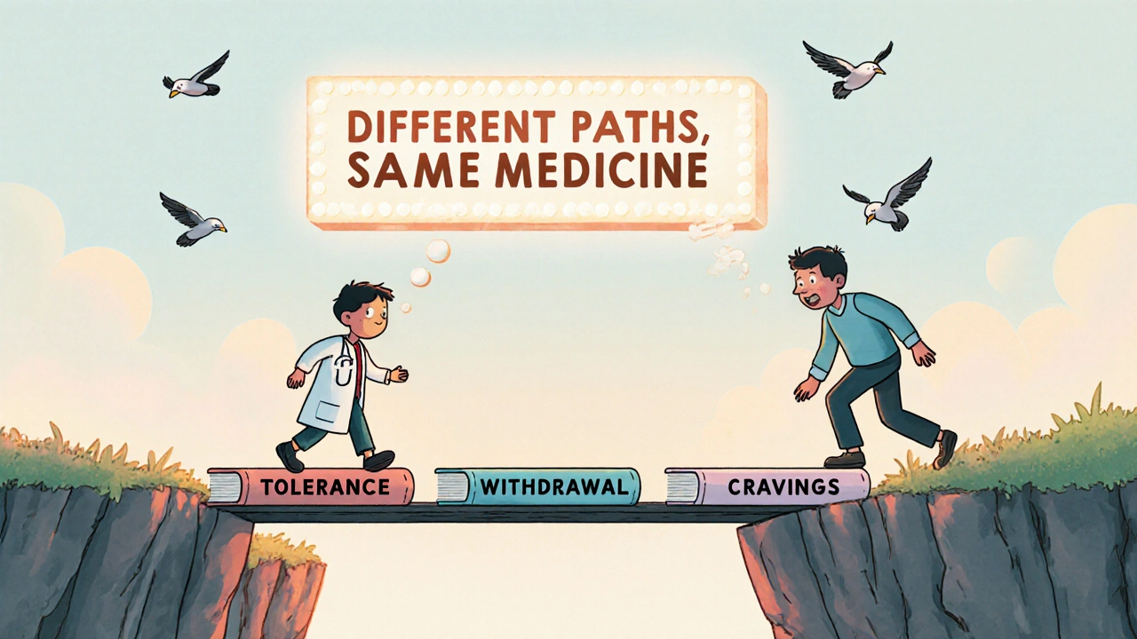 A child crosses a book bridge to safety while another stumbles near a cliff, illustrating the difference between dependence and addiction.