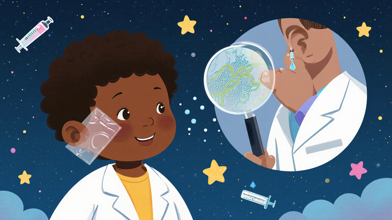 A child with a keloid wearing a silicone sheet, helped by a dermatologist using a magnifying glass.