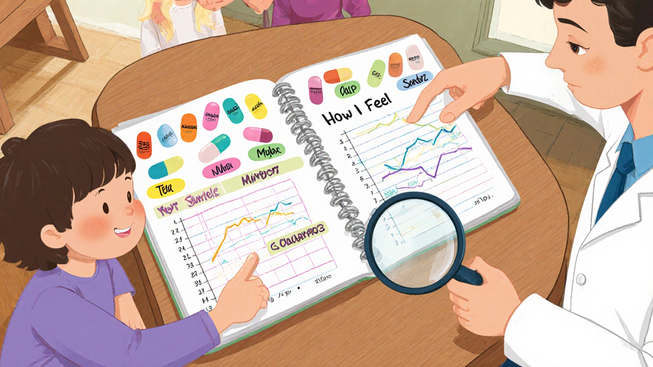 A family reviewing a colorful medication logbook with drawings of pill brands and symptoms.