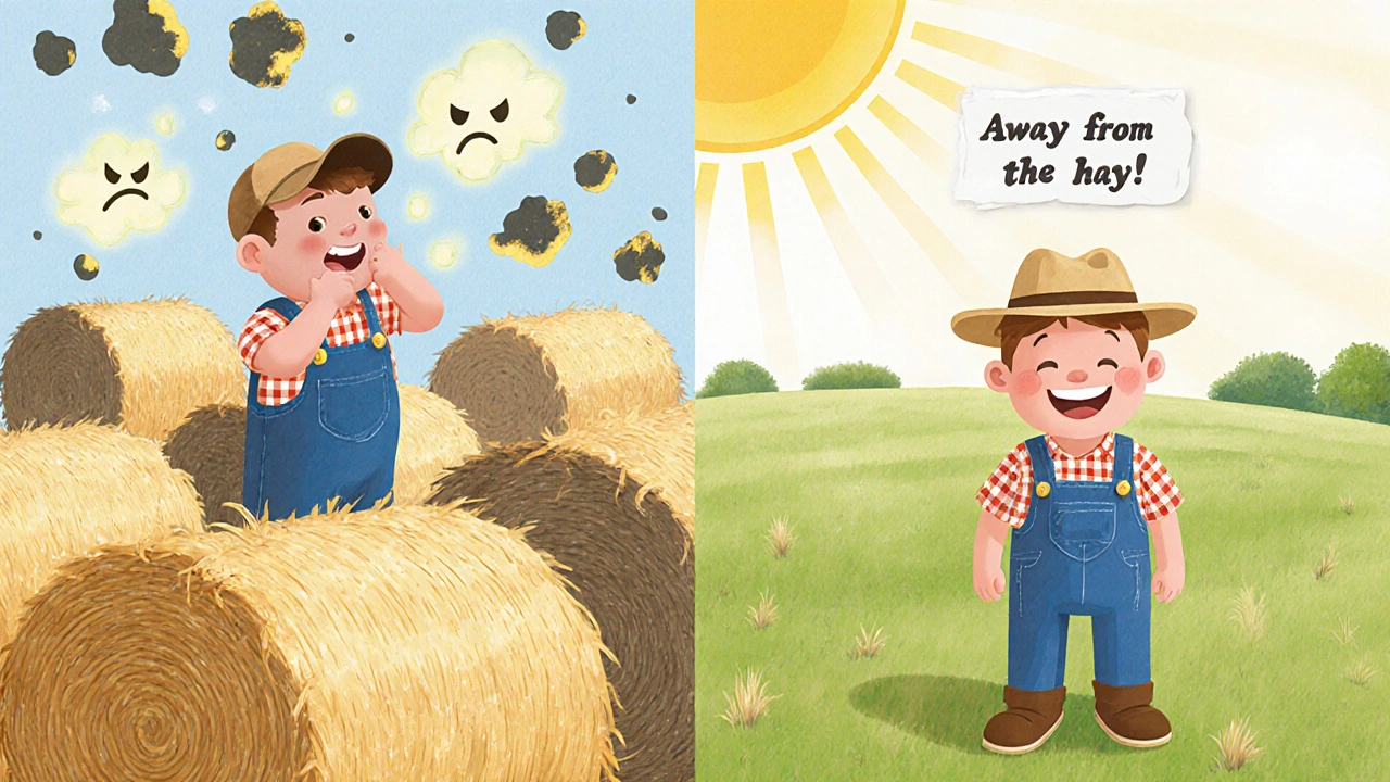 A farmer feeling better in a clean field after leaving moldy hay behind.