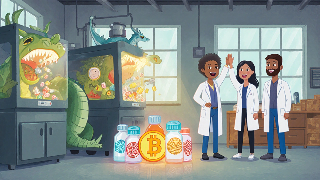 A friendly warehouse with continuous manufacturing machines producing medicine vials like candy.