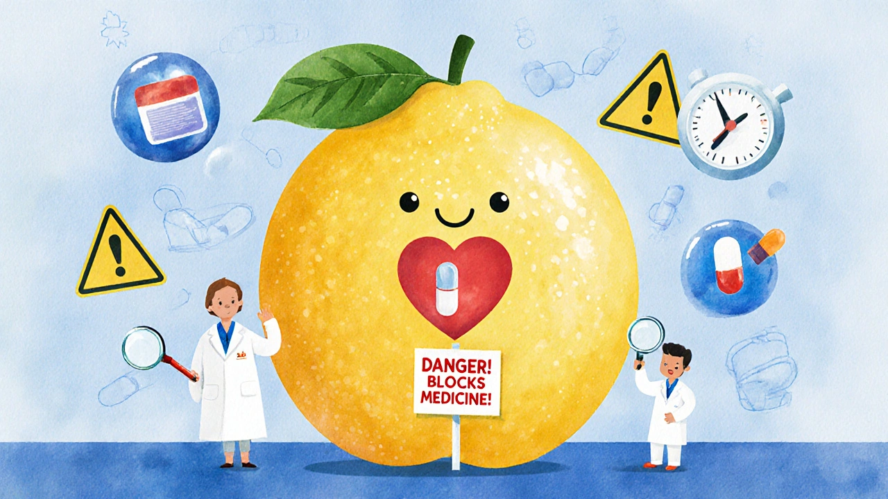 A giant grapefruit blocking a heart pill, with a pharmacist using a magnifying glass to warn of danger.