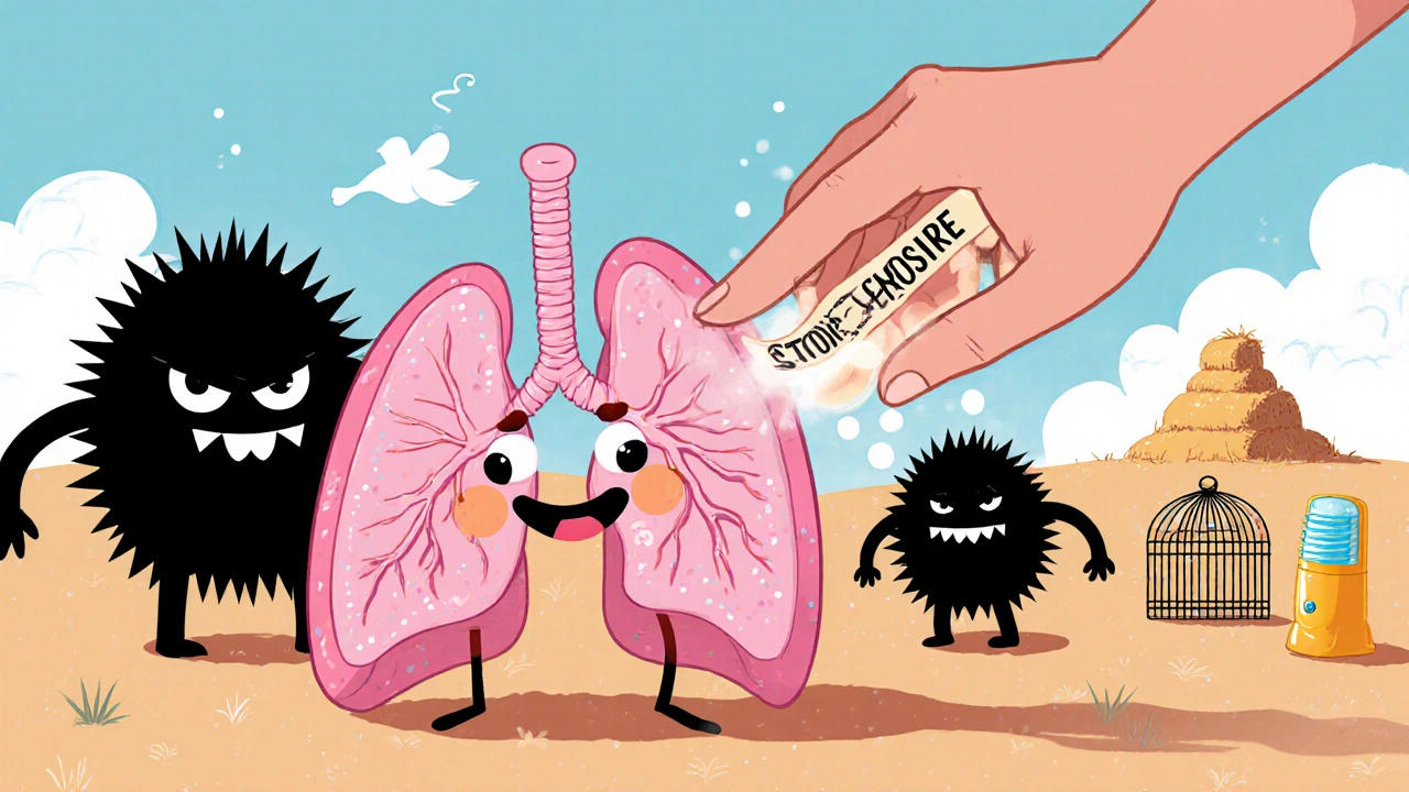 A happy lung character pushing away scary fibrosis monsters with a &#039;Stop Exposure&#039; hand.