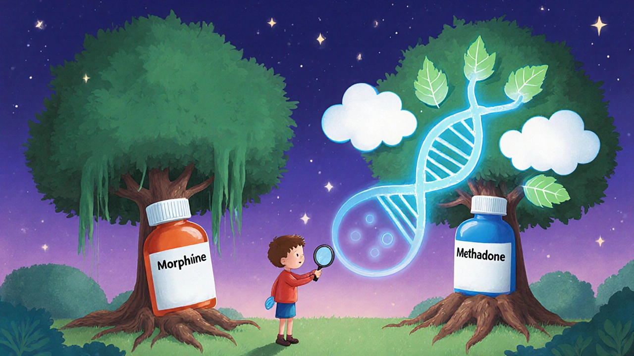 A magical forest shows one opioid tree fading while another glows, healing pain with gentle light.