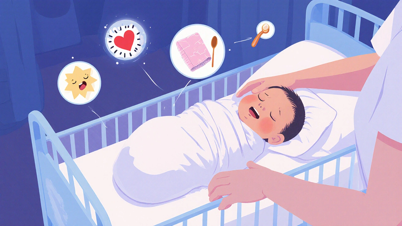 A newborn baby being gently rocked in a quiet, cozy hospital room with calming symbols above.