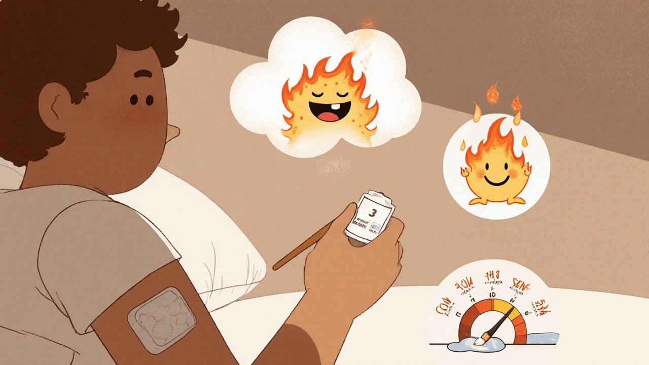 A person using a lidocaine patch and capsaicin cream, with a calming cloud soothing a shrinking pain monster under soft bedtime light.