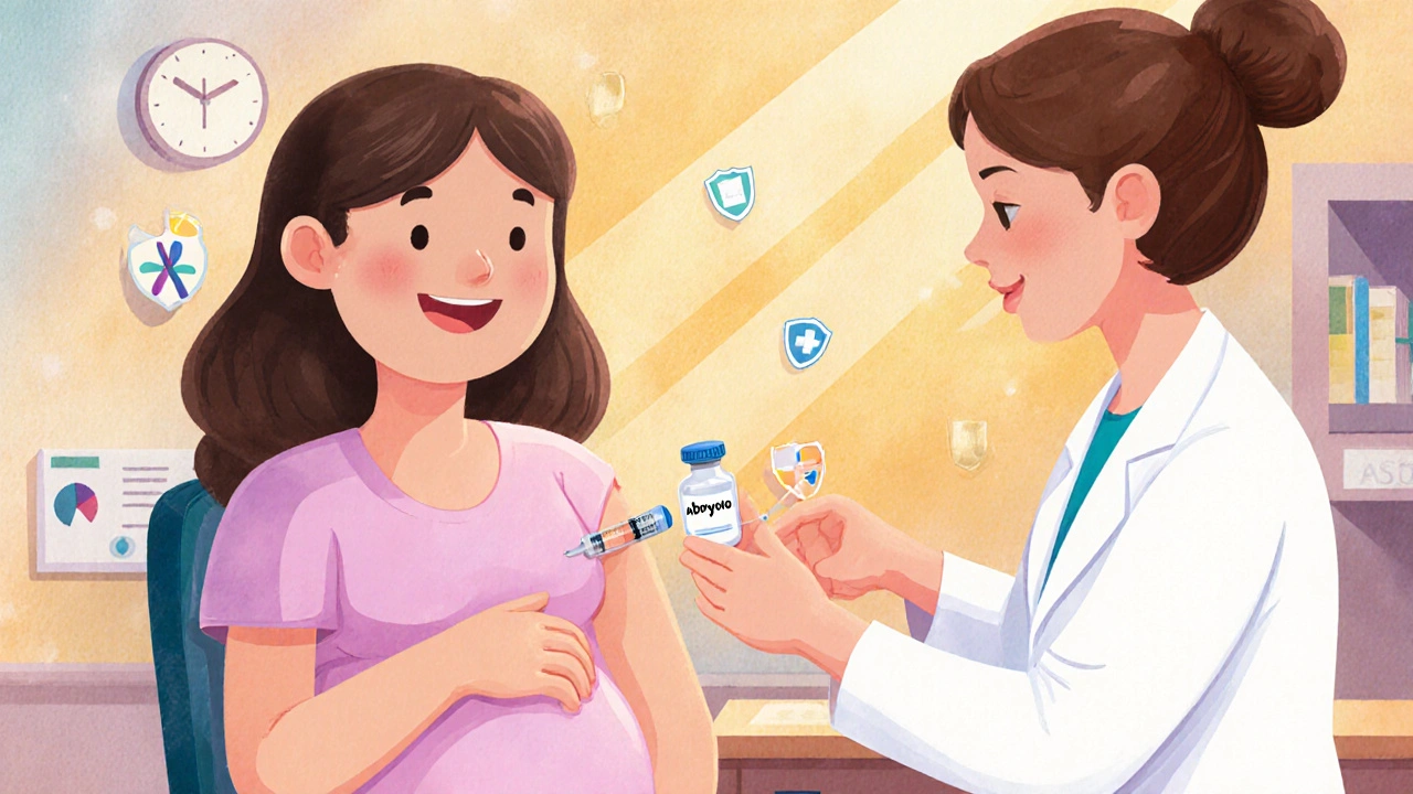 A pregnant woman receives an RSV vaccine shot from a nurse in a sunny doctor&#039;s office.