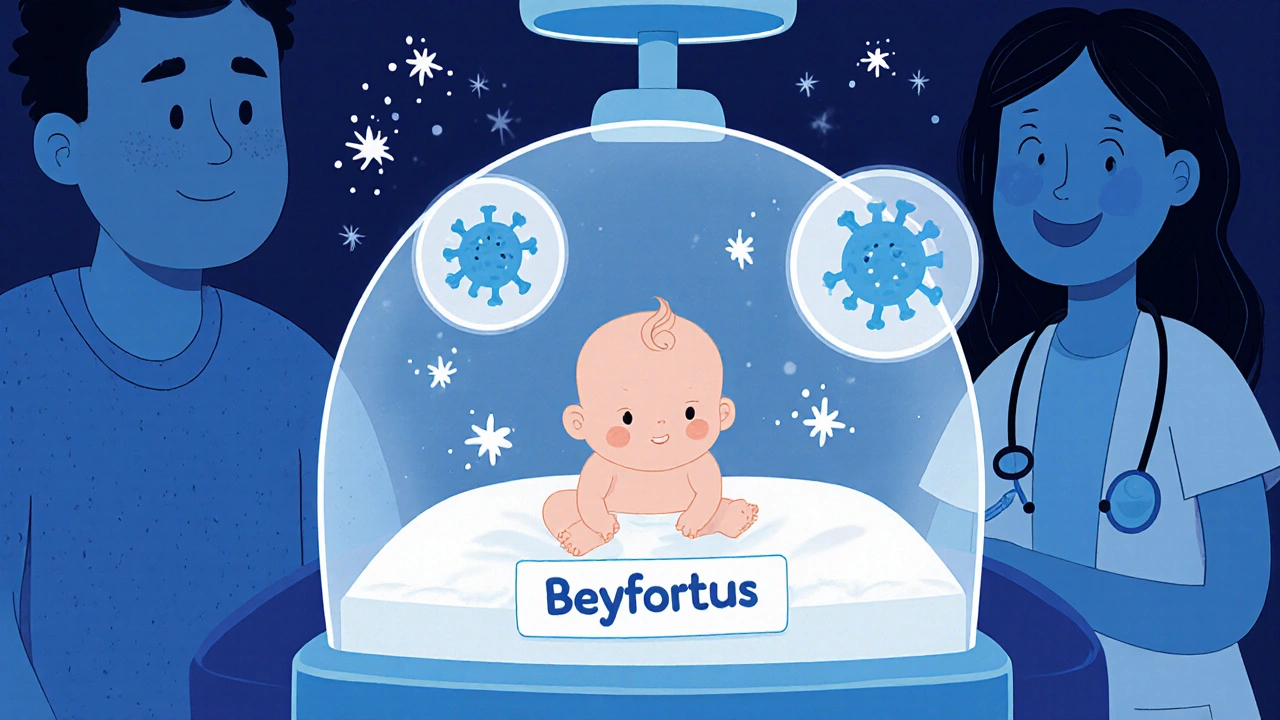 A premature baby in an incubator is protected by glowing shields labeled &#039;Beyfortus&#039;.