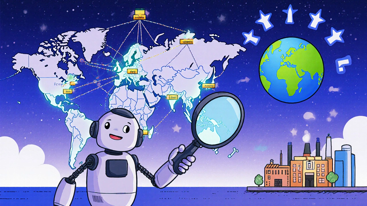 A robot traces global factory connections with glowing lines, showing dual sourcing and AI warnings.