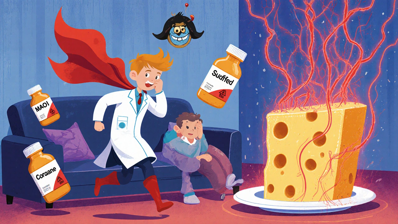 A superhero doctor rushes in as a cheese monster rises from a plate, surrounded by dangerous drug bottles and glowing warning lines.