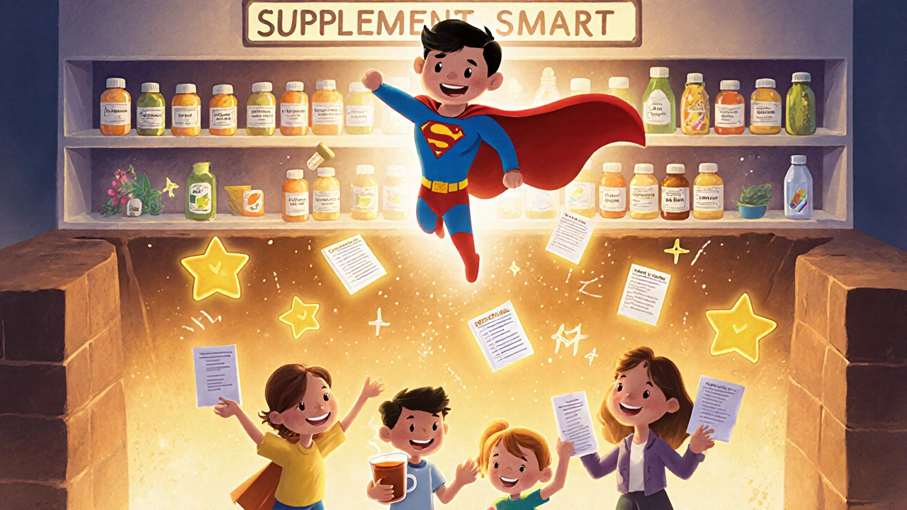 A superhero pharmacist rescuing supplements from hidden risks, with glowing nutrients returning to a family.