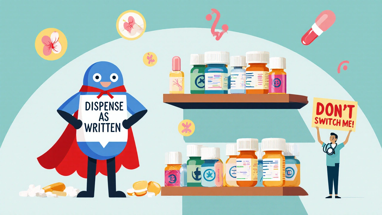 A superhero pill protects generic medications from being switched, watched by a patient with a stethoscope.