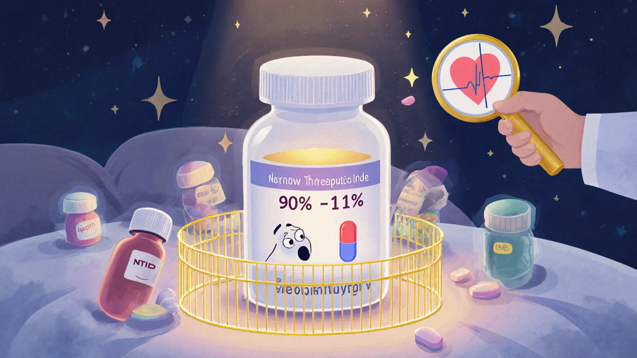A tiny pill inside a narrow golden safety fence labeled 90%-111% while other pills look blurry