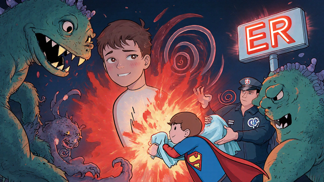 An adult with a glowing red fever aura fighting dangerous infection monsters near an ER sign.