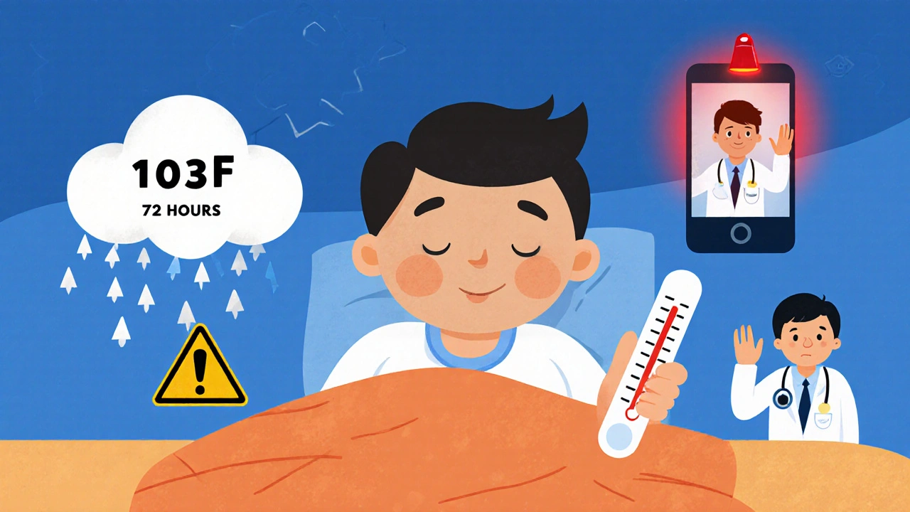 An adult with a high fever surrounded by warning signs and a doctor on a phone, looking concerned.