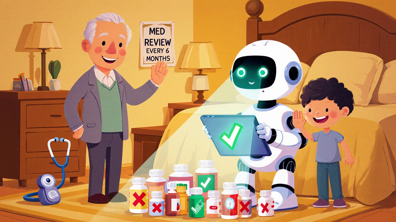 An AI robot scans medicine bottles with green checks and red X&#039;s, while a man and child high-five in a cozy room with a health poster.