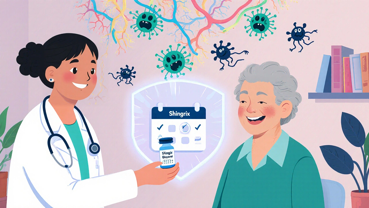 An elderly person receiving the Shingrix vaccine, protected by a glowing shield as pain monsters run away in a cozy clinic.