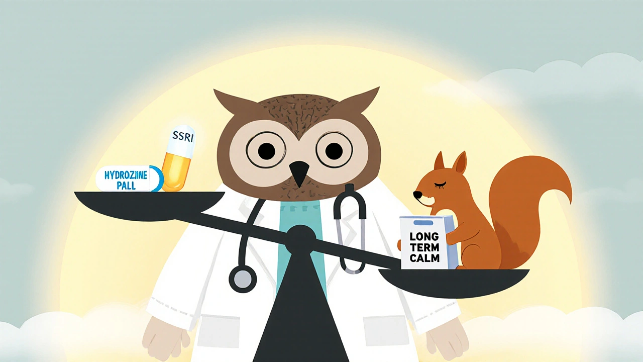 An owl doctor balancing hydroxyzine against an SSRI pill, with sleepy and alert squirrels.