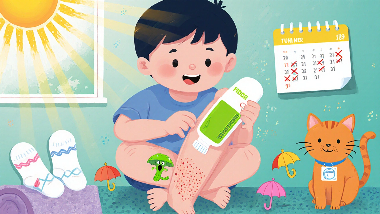 Child applying cream to fading rash as tiny fungi flee underground, clean socks and cat nearby, sunlight shining.