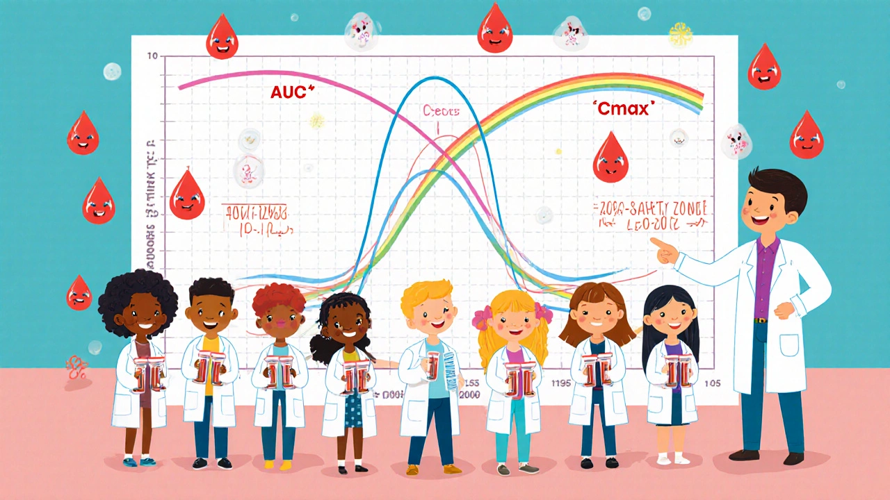 Children in lab coats watching blood droplets form matching AUC and Cmax curves on a graph