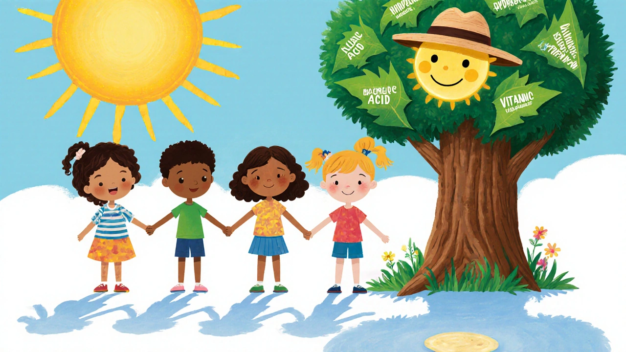 Children of diverse skin tones holding hands beside a tree with skincare ingredient leaves.
