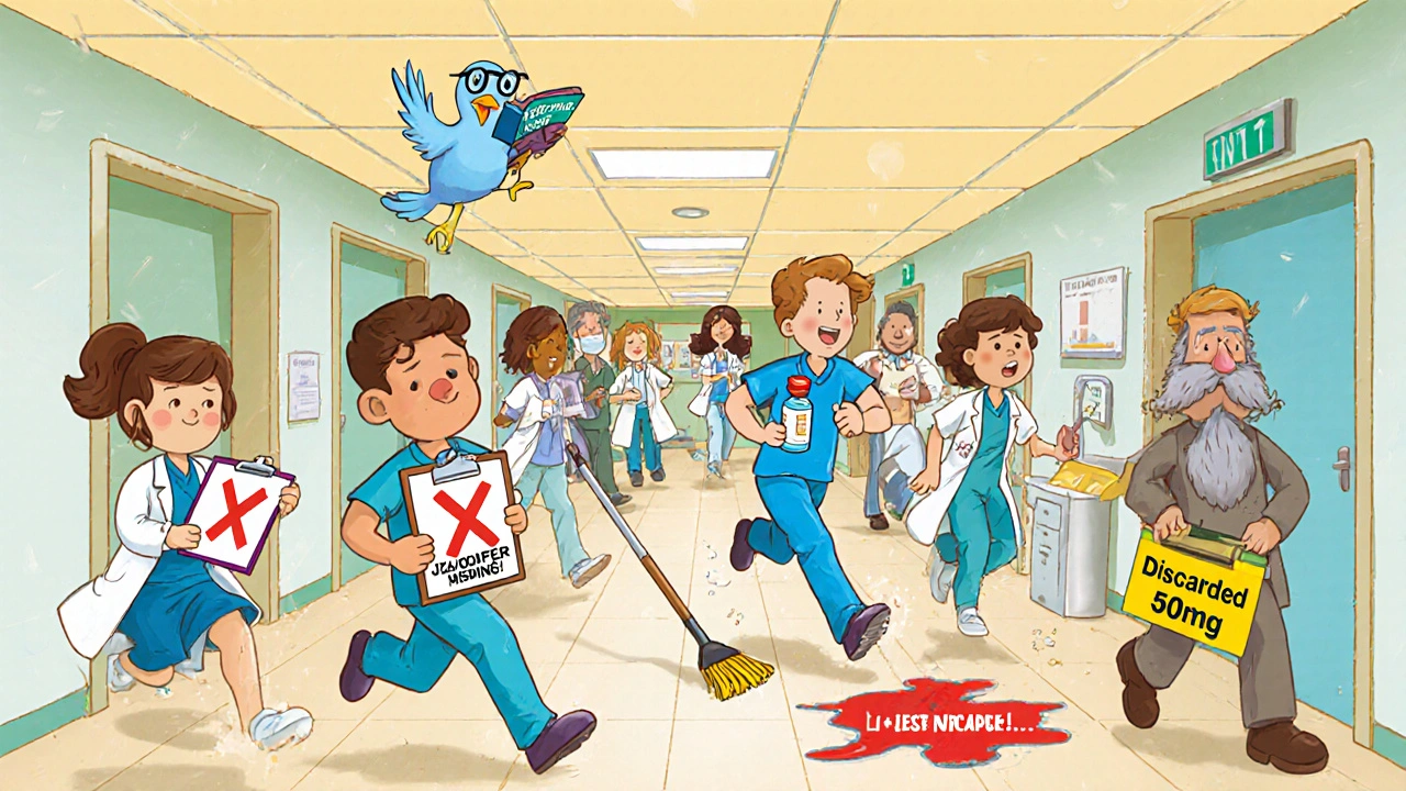 Clinic staff with a missing JZ modifier sign, a janitor cleaning spilled medicine, and a Medicare bird flying with a rulebook.