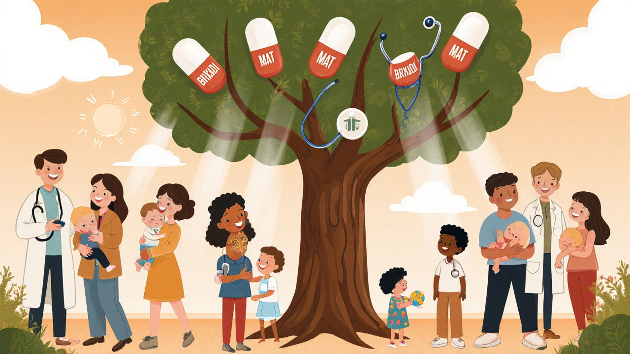 Diverse families and caregivers together in a warm clinic, protected by a tree shaped like treatment symbols.