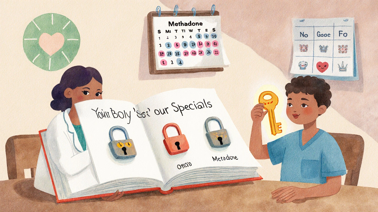 Doctor and patient explore opioid choices using a book of keys and locks at a cozy table.