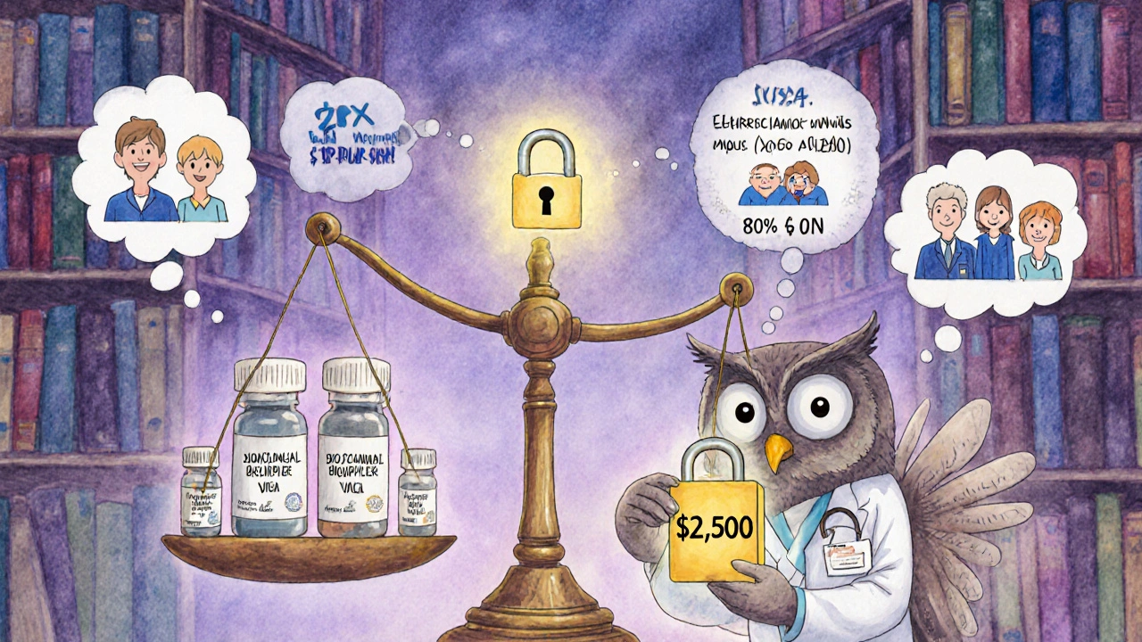 Magic balance scale tipping toward expensive drug, wise owl holding a key labeled &#039;2025 Reform&#039; above a lock.