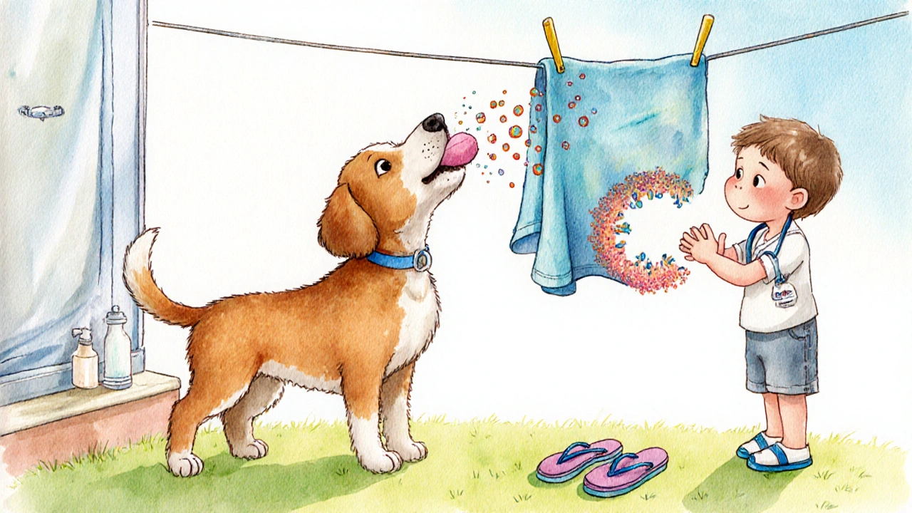 Puppy shedding fungal spores onto a towel, child reaching for it, vet watching nearby with flip-flops and soap.