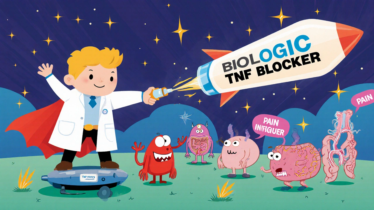 Superhero in lab coat firing a precision laser at an inflammation monster, surrounded by healthy joints.