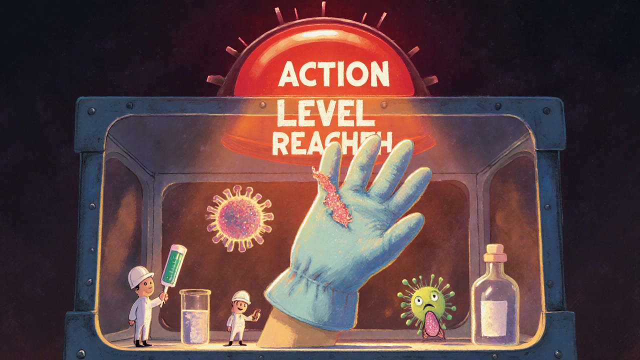 Tiny engineers fix a torn glove in a sterile isolator as an alarm flashes nearby.