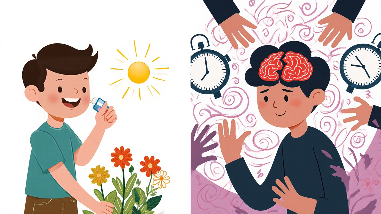 Two contrasting figures with brain icons show safe medication use versus Opioid Use Disorder in a gentle, non-stigmatizing way.