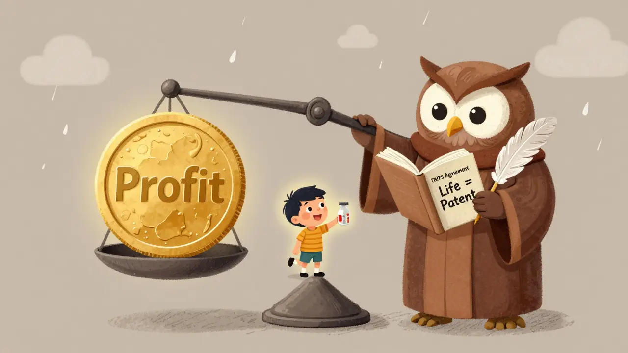 A balance scale tips toward a child with medicine, an owl judge holds a book saying 'Life > Patent'.