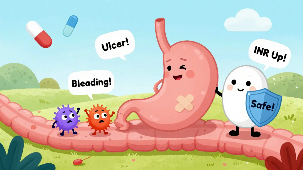 A bandaged stomach faces warning signs from NSAIDs, while a safe acetaminophen tablet stands protectively nearby.