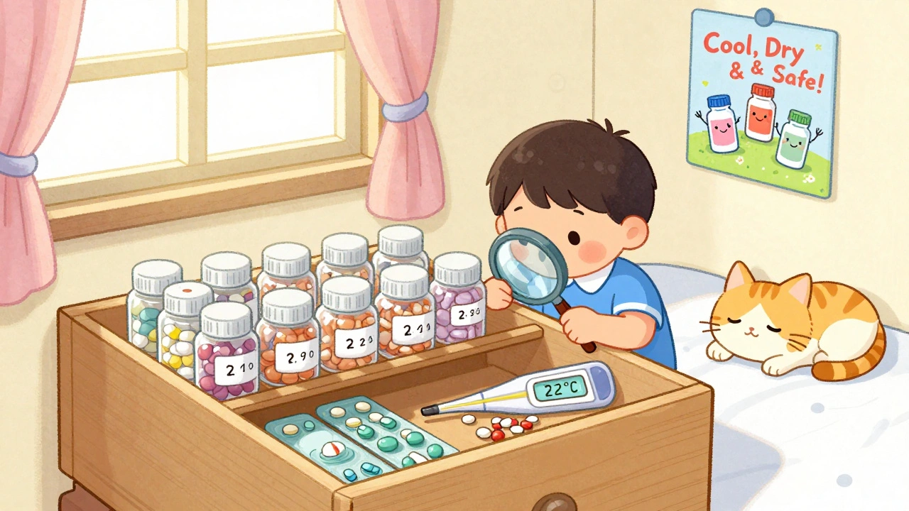A child checks medicine expiration dates in a cozy bedroom drawer, with a cat napping nearby and a &#039;Cool, Dry &amp; Safe!&#039; poster on the wall.