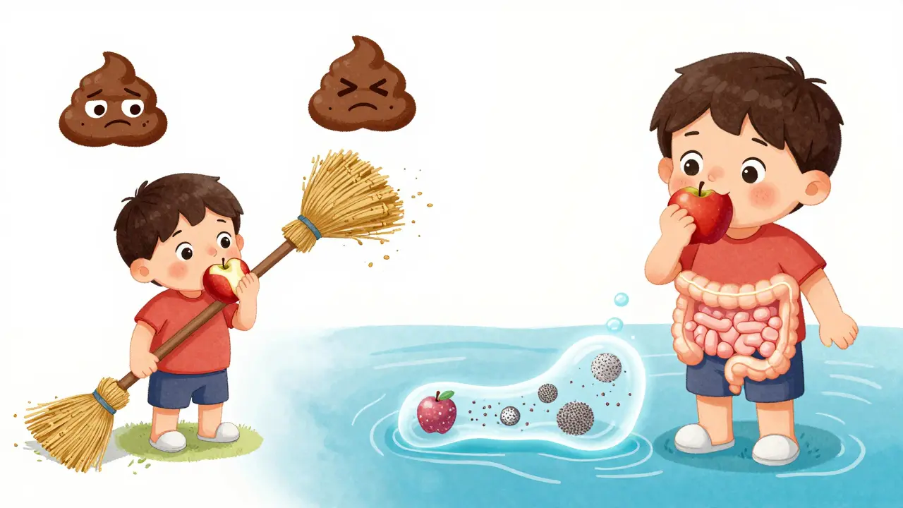 A child eating an apple as a bran broom sweeps away constipated clouds, while chia pudding slows sugar with a glowing gel.