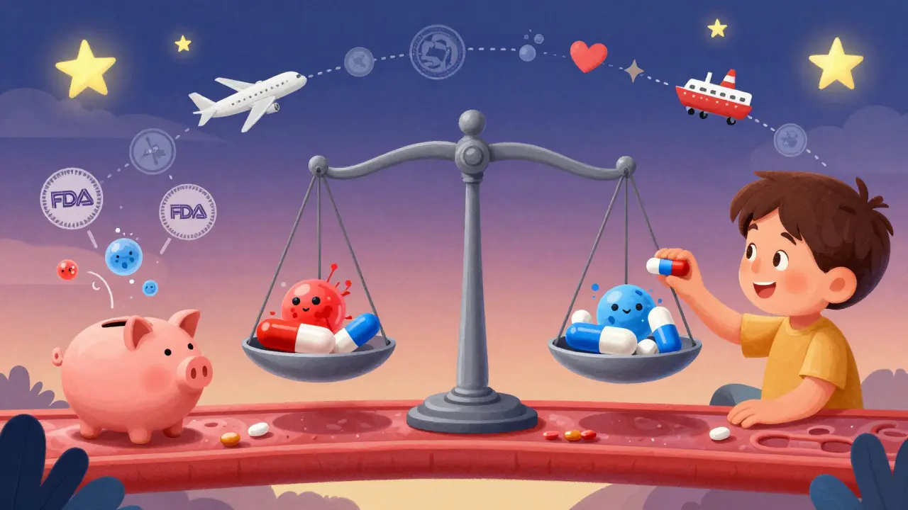 A child holds generic and brand pills on a balanced scale, with molecules flowing into a bloodstream and savings icons around them.