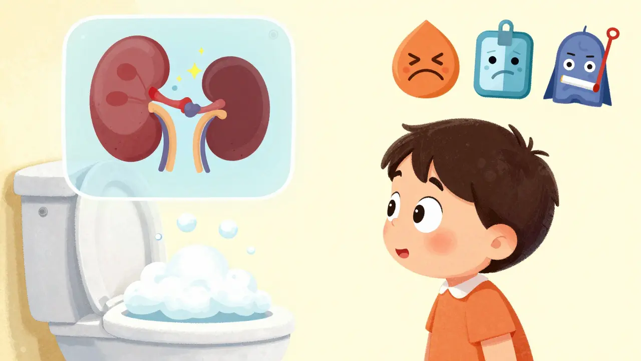 A child sees foamy urine in the toilet, while a damaged kidney leaks protein stars above.
