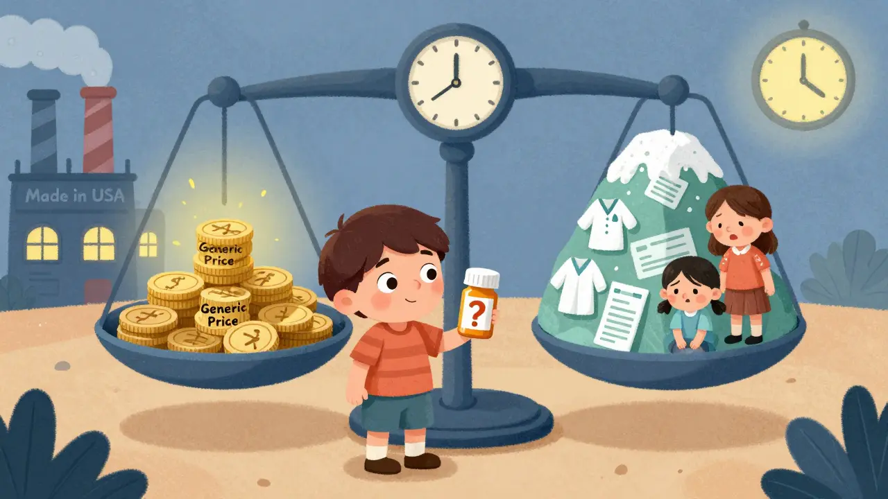 A child stands before a scale weighing cheap pills against rising medical costs, while a small U.S. factory glows in the distance.