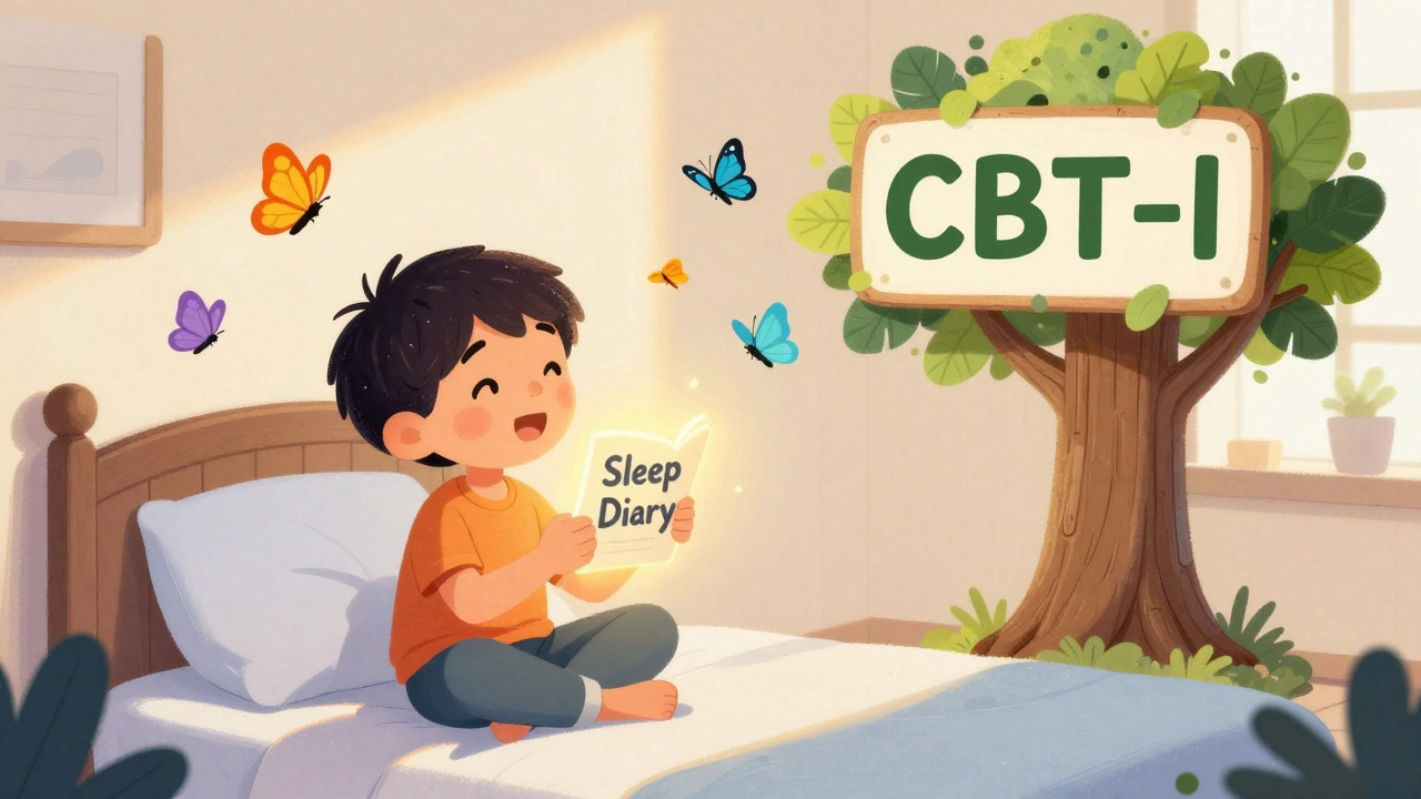 A child talks to a tree therapist while healthy sleep habits float like butterflies around them.
