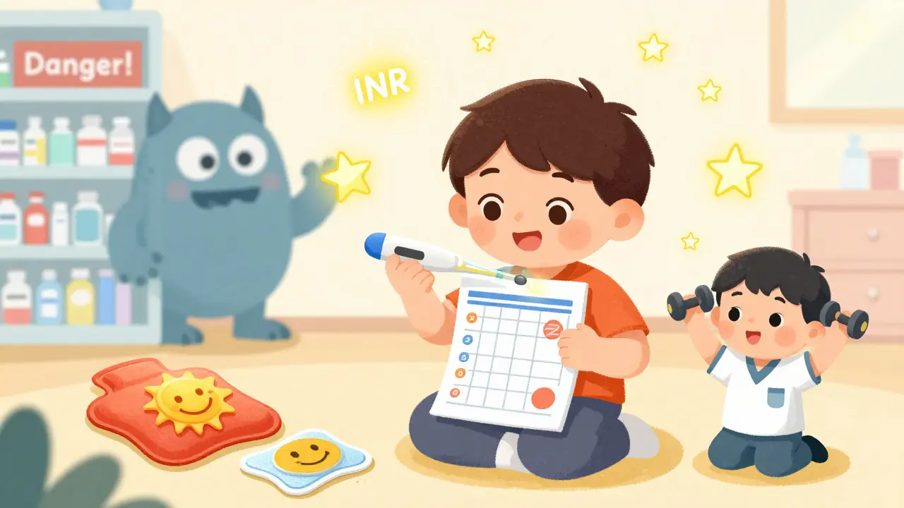 A child uses safe pain relief methods like heat pads and physical therapy, while a dangerous NSAID monster hides in the background.