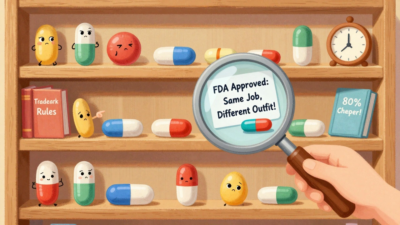A colorful pharmacy shelf with pill characters reacting to different shapes and colors.