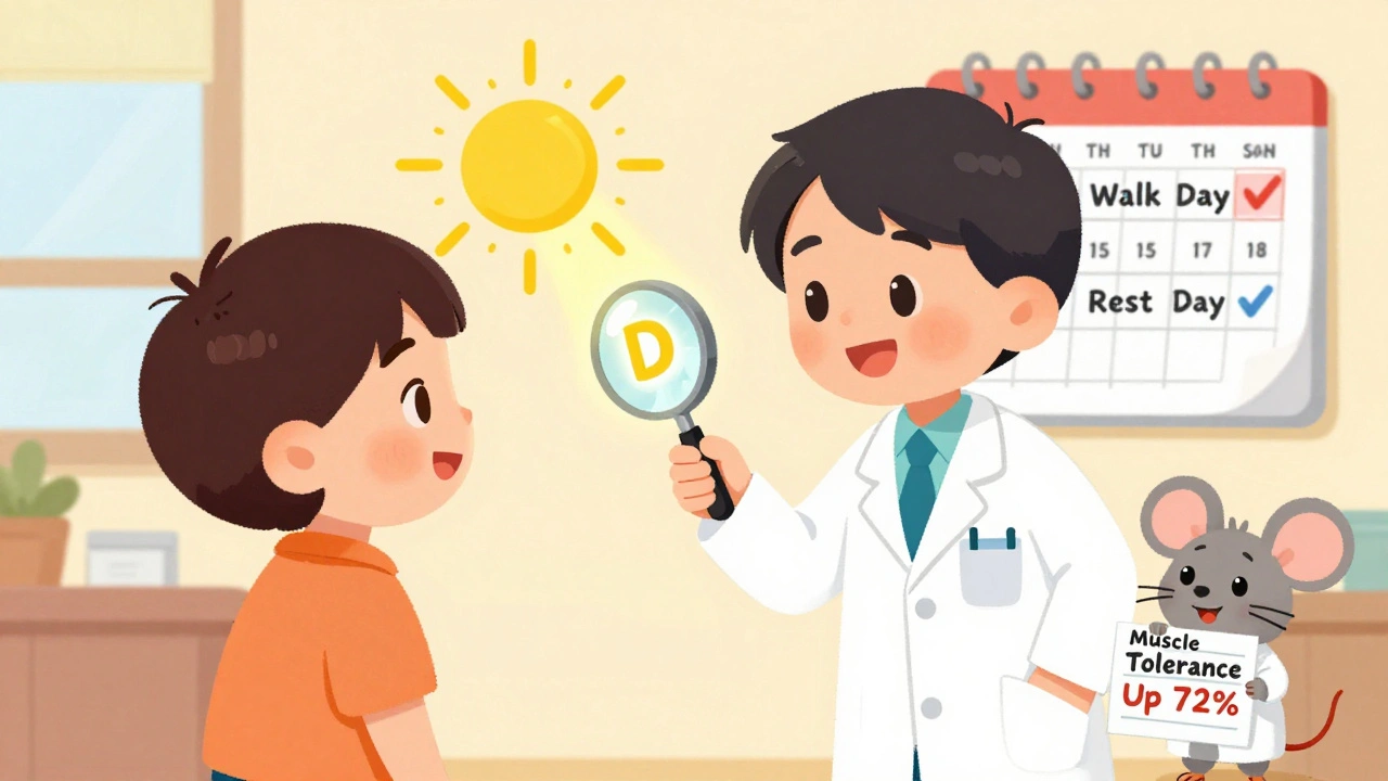 A doctor shows a patient a vitamin D sunbeam, with a chart showing improved muscle tolerance.