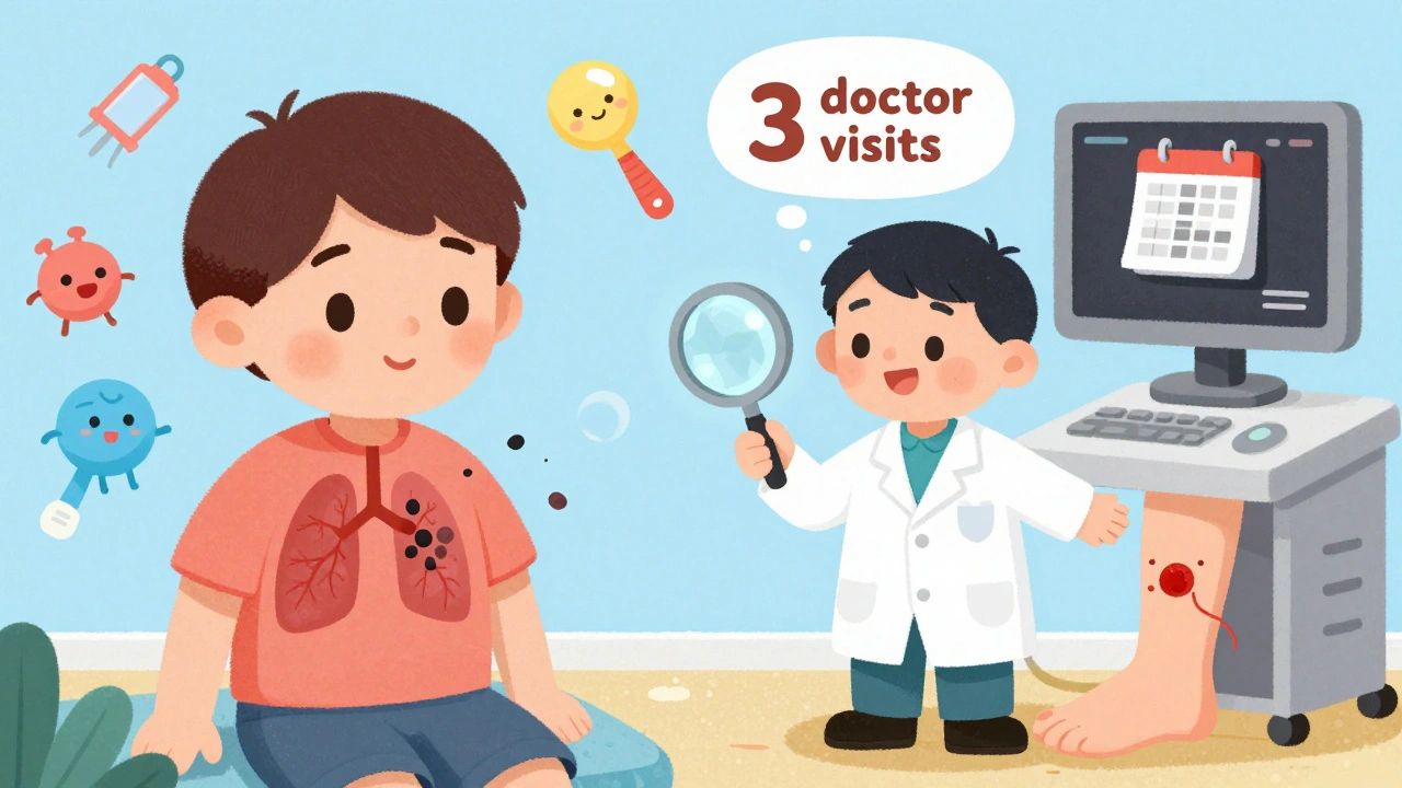 A doctor uses a magnifying glass to see clots in the lungs while an ultrasound scans a swollen calf.