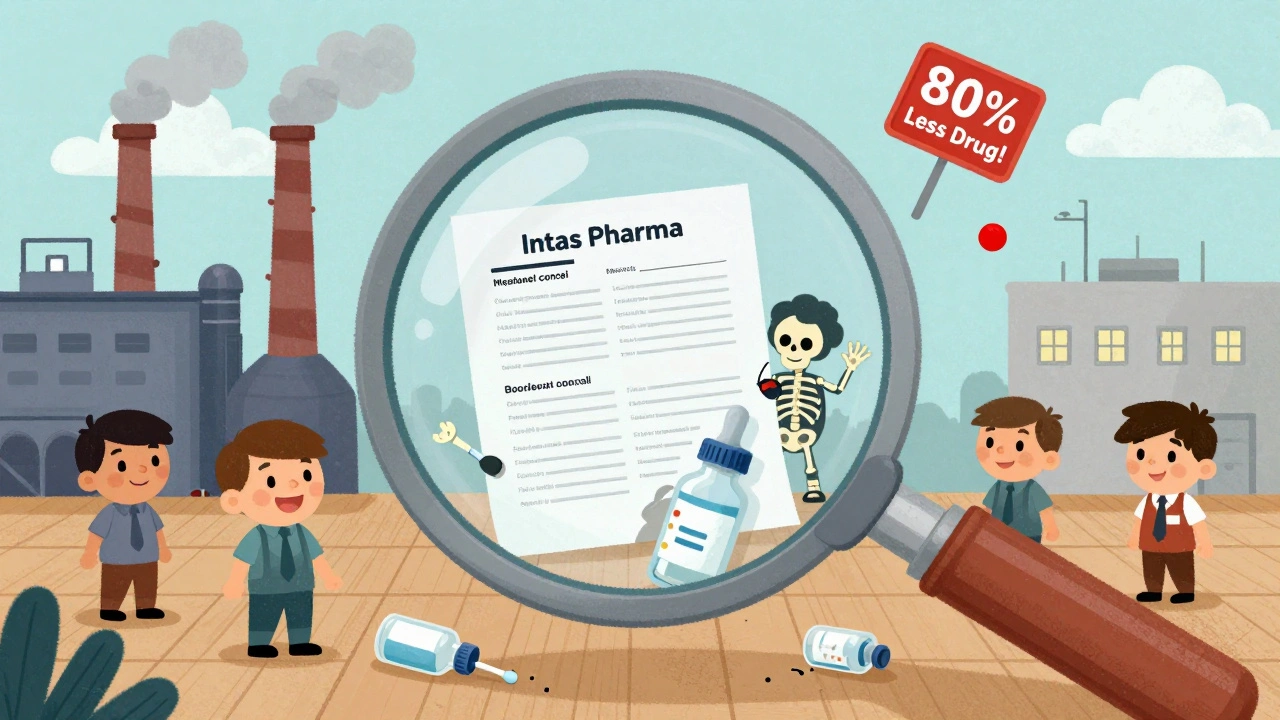 A factory with hidden broken records and leaking chemo vials under a magnifying glass.