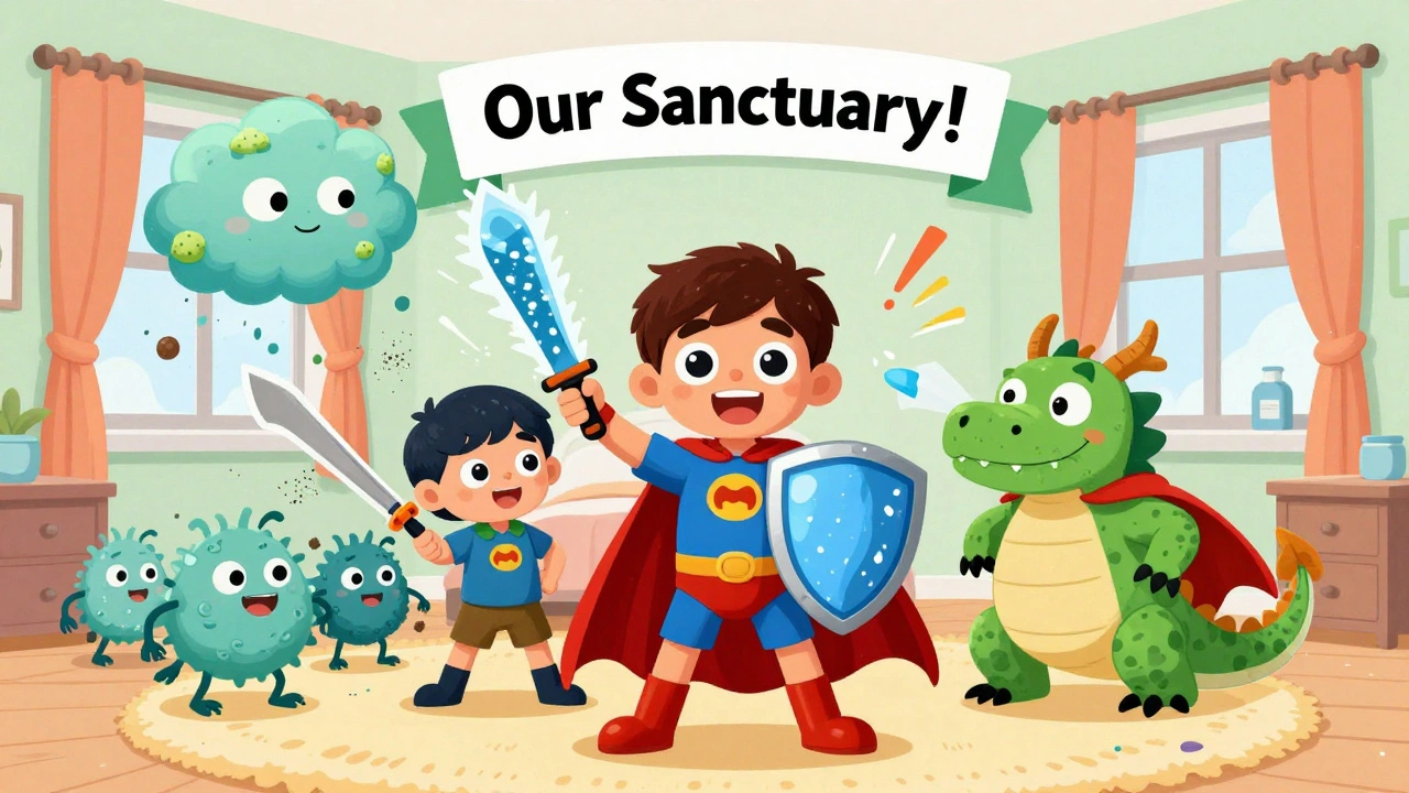 A family battles cartoon allergen monsters with cleaning tools, standing proudly in their clean bedroom with a banner saying &#039;Our Sanctuary!&#039;