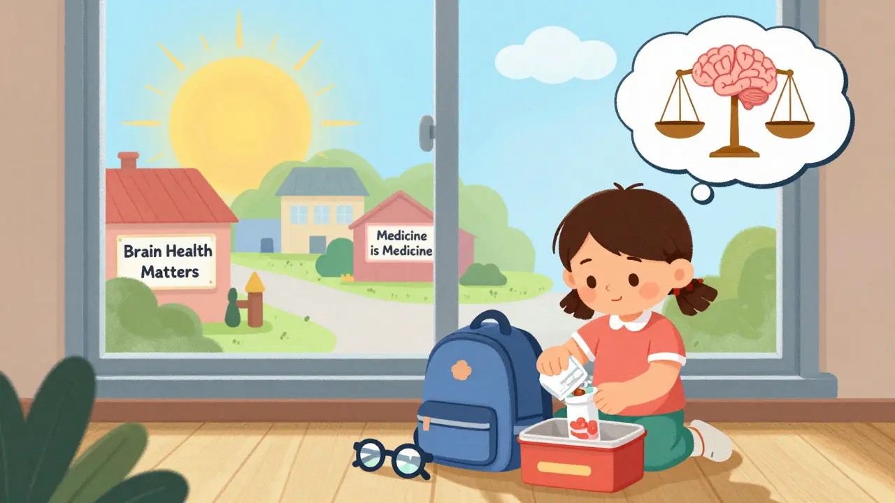 A girl puts her pill bottle in her backpack beside glasses and lunchbox, with a balanced brain in a thought bubble and signs saying 'Brain Health Matters.'